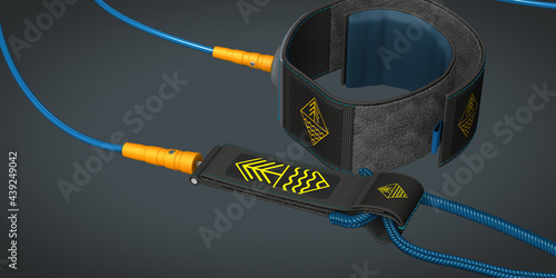 Close up of ankle strap or leash for a surfboard preventing the loss of the board - 3d illustration