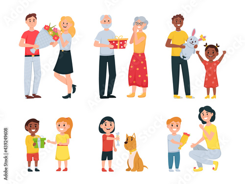 People with gifts. Group of happy people give and receive presents isolated on white background. Holiday event congratulate and surprise. Flat cartoon vector illustration.
