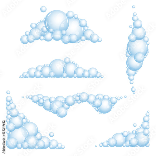 Soap foam with bubbles. Set of shampoo and soap foam sud. Vector illustration