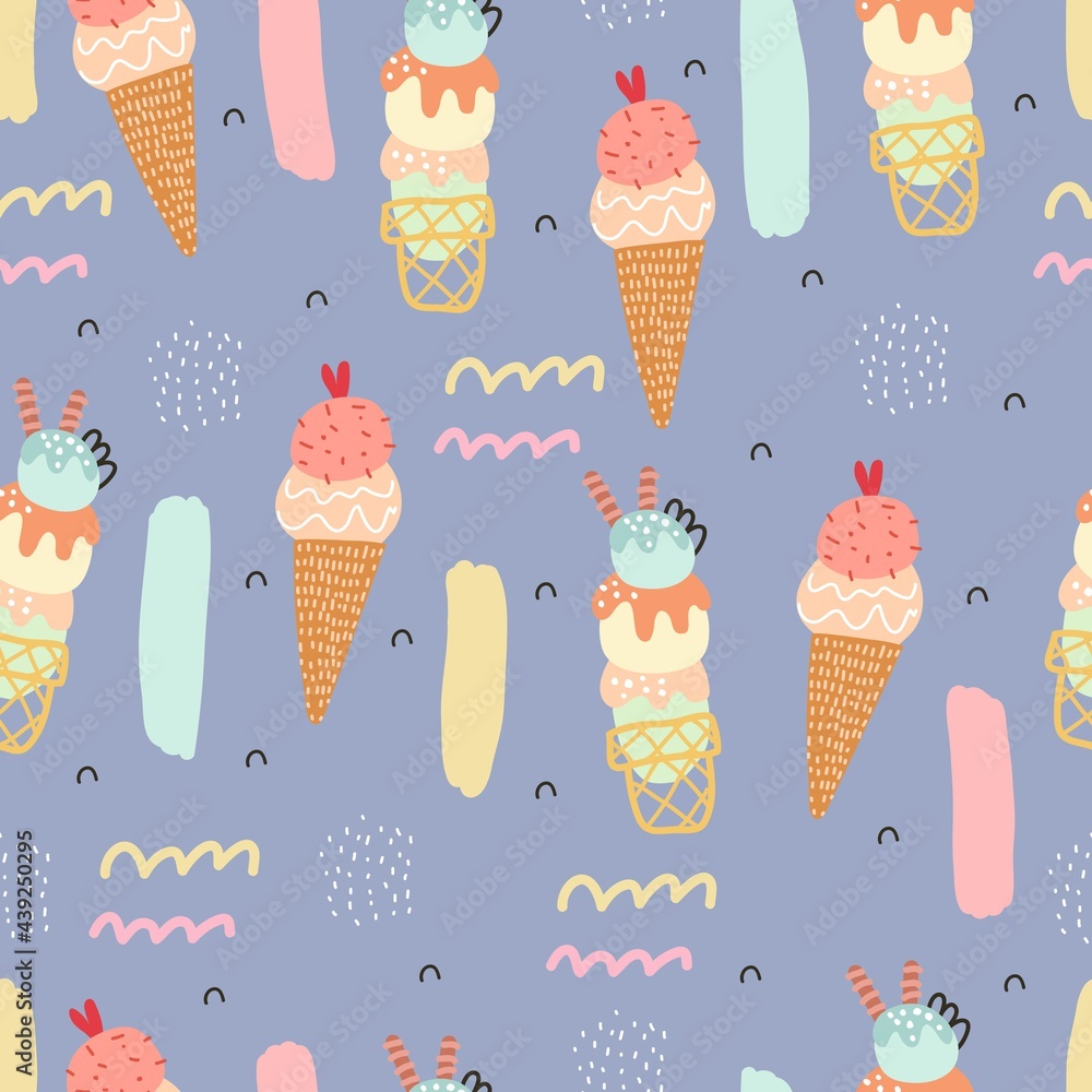 summer seamless pattern with cartoon ice cream, decor elements. colorful  vector for kids, hand drawing flat style. baby design for fabric, print,  textile, wrapper Stock Vector | Adobe Stock