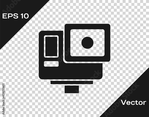 Black Action extreme camera icon isolated on transparent background. Video camera equipment for filming extreme sports. Vector