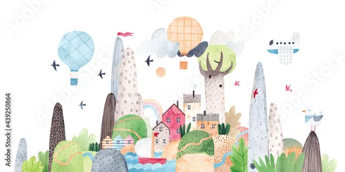 Obraz Krajobraz górski. Akwarela z górami, wzgórzami, rzeką, jeziorem i uroczą wioską, balonami i ptakami.