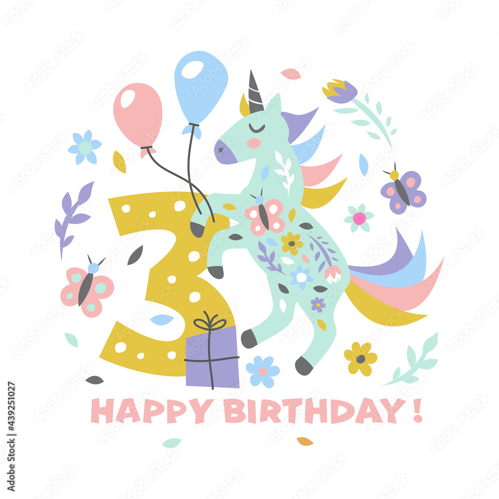 Happy birthday Cute illustration with unicorn for greeting card and poster