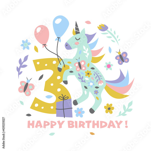 Happy birthday Cute illustration with unicorn for greeting card and poster