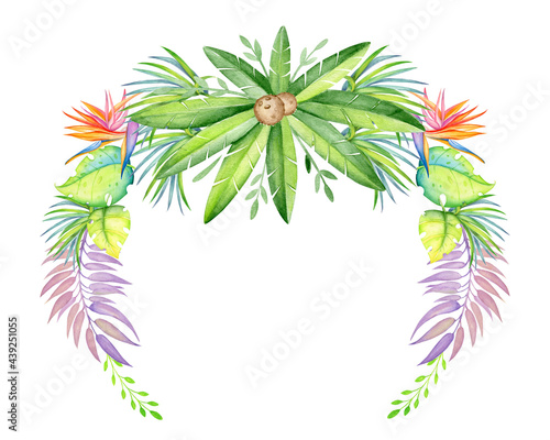 Palm  tropical  leaves  branches and flowers. Watercolor  frame  cartoon style  on an isolated background.