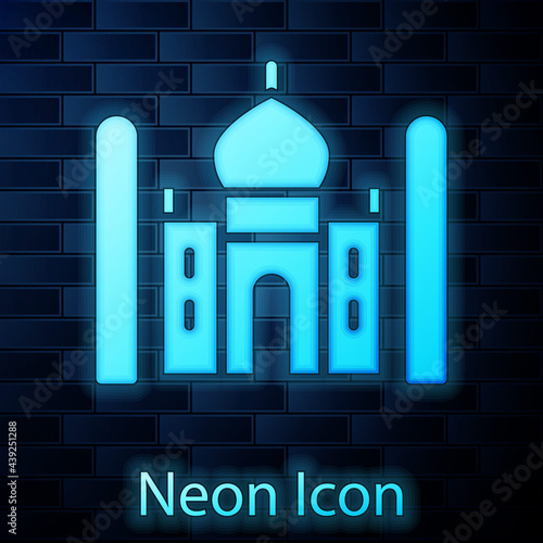 Glowing neon Taj Mahal mausoleum in Agra, Indiaicon isolated on brick wall background. Vector