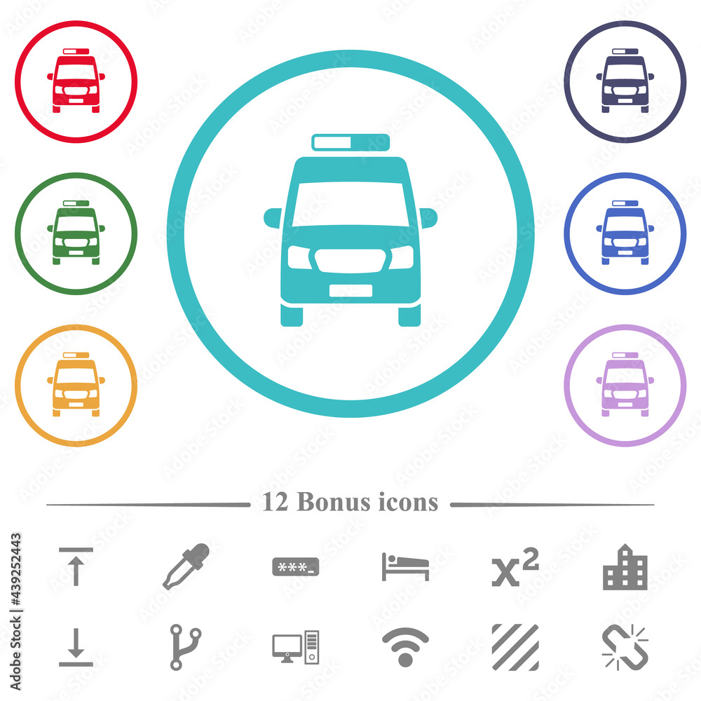 Ambulance car front view flat color icons in circle shape outlines Ambulance car front view flat color icons in circle shape outlines