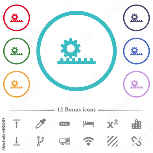 Cogwheel with rack pinion flat color icons in circle shape outlines
