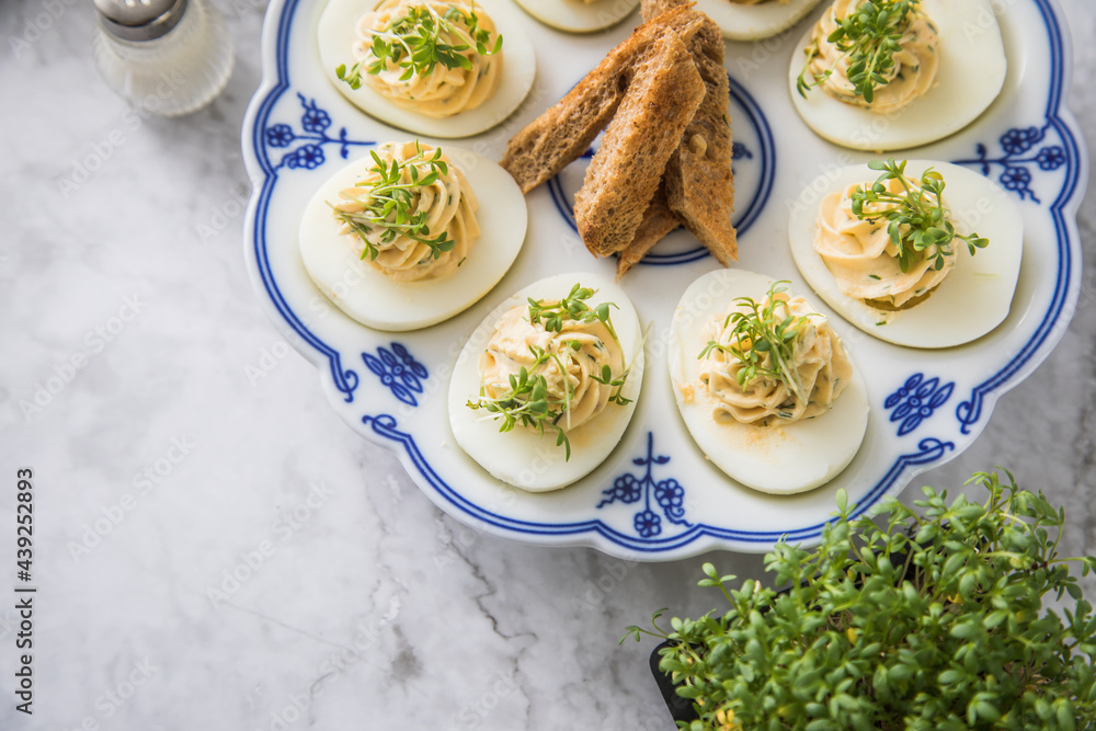 Kalte gefüllte russische Eier mit Frischkäse, Kresse und Kräuter ... Kalte gefüllte russische Eier mit Frischkäse, Kresse und Kräuter ...