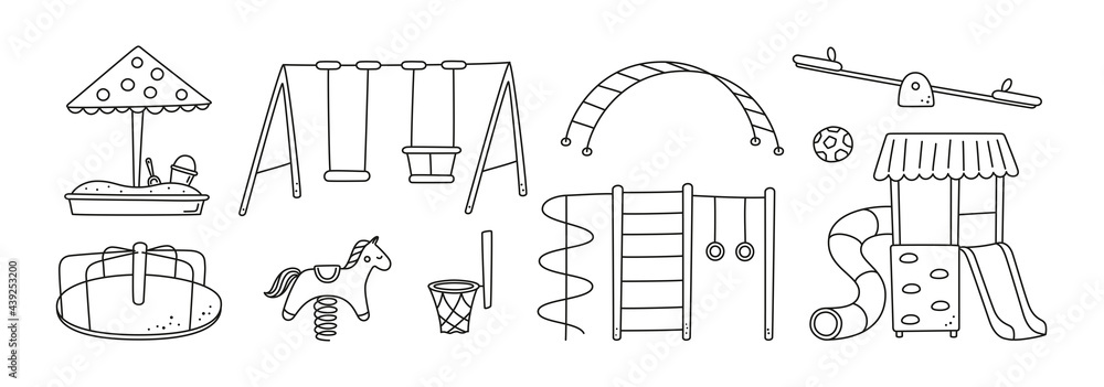 Hand drawn children playground objects. Swing, slide, teeter and sandbox in doodle style. Kid drawing of play ground elements. Vector illustration on white background. Editable stroke. Hand drawn children playground objects. Swing, slide, teeter and sandbox in doodle style. Kid drawing of play ground elements. Vector illustration on white background. Editable stroke.