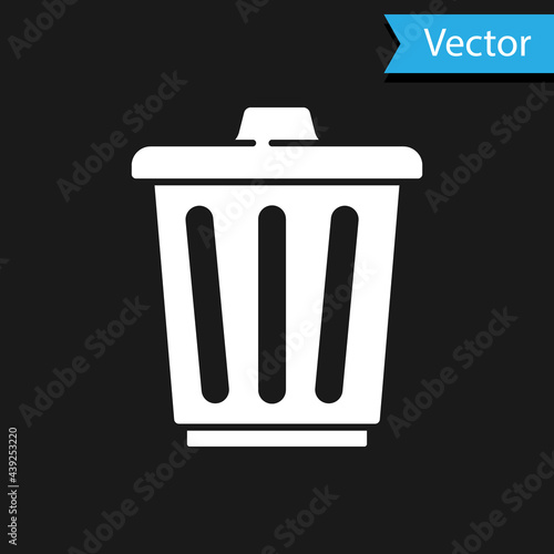 White Trash can icon isolated on black background. Garbage bin sign. Recycle basket icon. Office trash icon. Vector