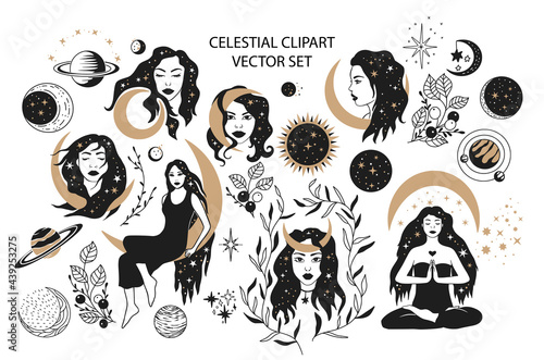 Bohemian woman and planet boho decorative vector logo set. Feminine alchemy icon symbol, tattoo graphic shape design, ethnic sketch.
