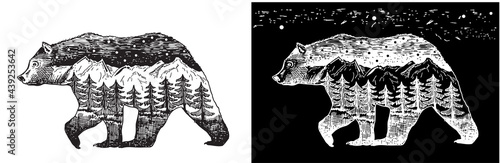 Vector Double exposure, Hand drawn bear. Black and white monochrome emblem, symbol, logotype, design, badge, sticker, poster of a bear. For your design wildlife concept. Identity, T-shirt prints usage