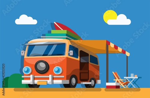 Campervan on summer beach holiday concept in cartoon illustration vector