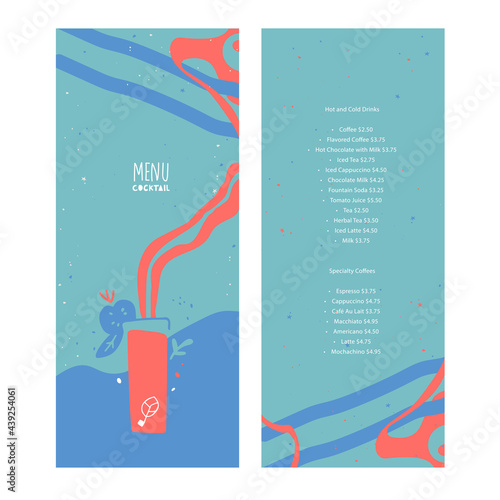 Cocktail menu for a bar near the sea or ocean. Mock-up for a bar in the water in the pool. Stylized image of the Red Mary drink, abstract lines and shapes.