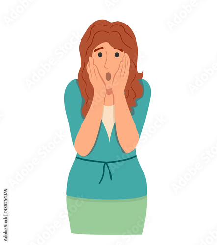 Regret or embarrassed woman vector illustration. Disappointed woman hide face behind hands demonstrate facepalm gesture or ashamed expression isolated. Something went wrong. Misunderstanding, mistake