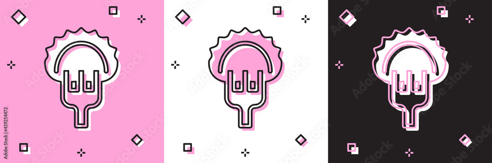 Set Dumplings on fork icon isolated on pink and white, black background. Pierogi, varenyky, pelmeni, ravioli. Traditional Ukrainian food. Vector Set Dumplings on fork icon isolated on pink and white, black background. Pierogi, varenyky, pelmeni, ravioli. Traditional Ukrainian food. Vector