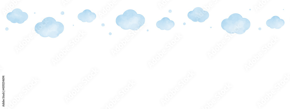 Watercolor illustration of cute blue clouds upper border seamless pattern background.