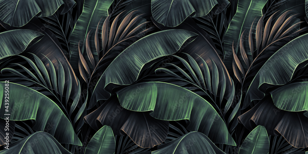 Neon bright banana leaves, palms on dark background. Seamless pattern. Vintage tropical 3d illustration. Luxury modern wallpapers, fabric printing, cloth, tapestries, posters, invintations, cards
