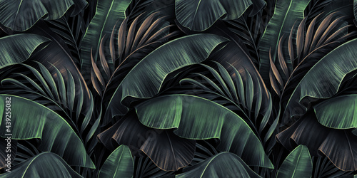 Neon bright banana leaves, palms on dark background. Seamless pattern.  Vintage tropical 3d illustration. Luxury modern wallpapers, fabric  printing, cloth, tapestries, posters, invintations, cards wall mural  wallpaper 