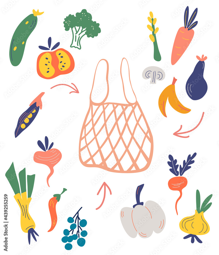 Fototapeta Mesh or net bag with vegetables and fruits. Constructor. Assemble it yourself. Fresh fruits, vegetables buying. Farmers market. Shopping for organic products. Eco concept. Flat vector illustration.