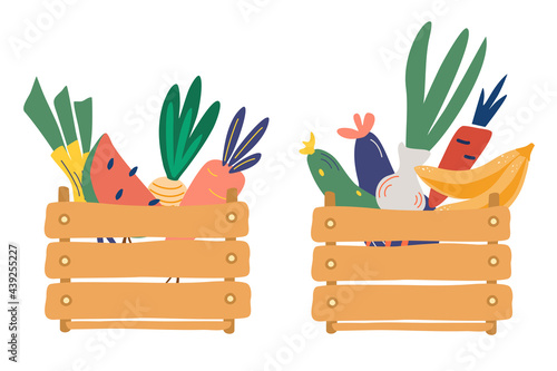 Wooden boxes with fruits and vegetables. Fresh, natural foods. Diet and organic food template. Farmers market. The concept of the harvest festival. Flat cartoon colorful vector illustration.