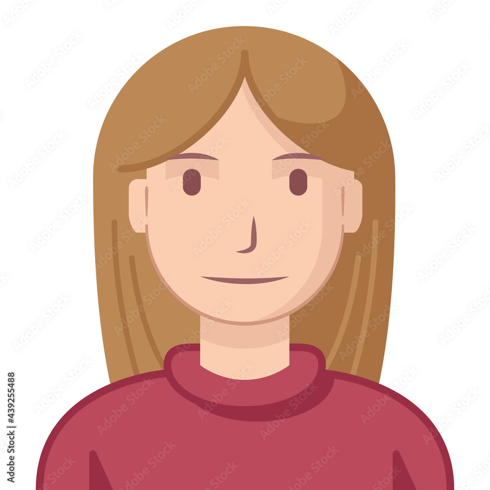 Young girl avatar with long hair, flat style. Illustration of a young woman drawn in flat style. Young girl avatar with long hair, flat style. Illustration of a young woman drawn in flat style.