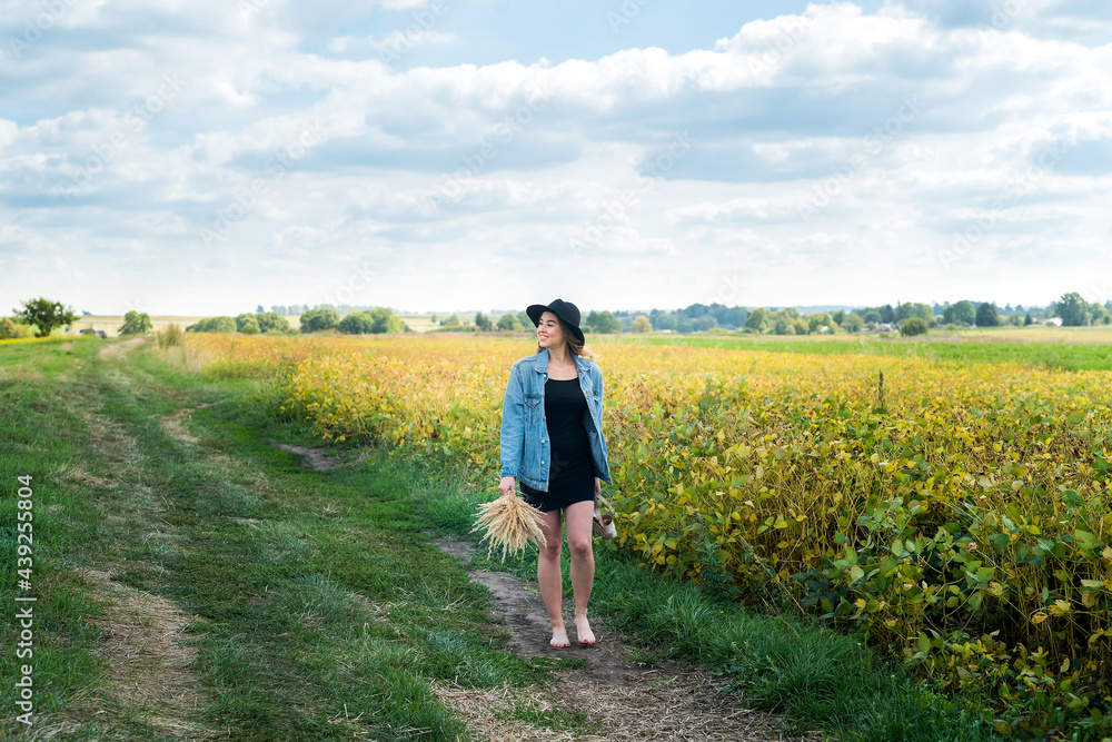 Beautiful young lady in rural field in summer day