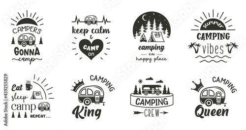 Camping sign with quotes. Set of adventure symbols. Travel emblem designs. Wanderlust badge.