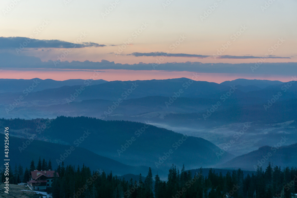 Spring view, fantastic evening sunset light. Carpathian mountains, Ukraine