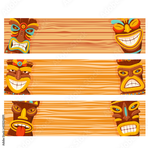 Set of horizontal banners with hawaiian traditional tribal tiki mask