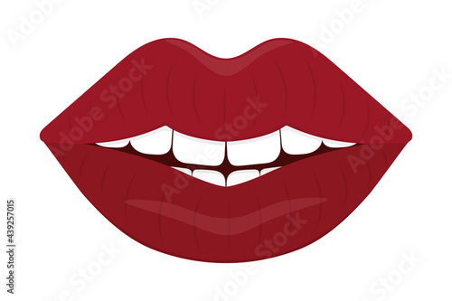 Smile on the lips. Seductive mouth. Colored vector illustration. Flat style. An even row of white teeth. Luscious lipstick shade. Isolated white background. Valentines Day. Idea for web design.