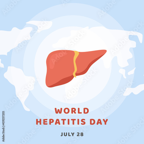 Hepatitis A, B, C, D, cirrhosis, World Hepatitis Day. Square Banner or social media post with world map and healthy human liver. Medical poster for Viral Disease. Vector illustration in flat style