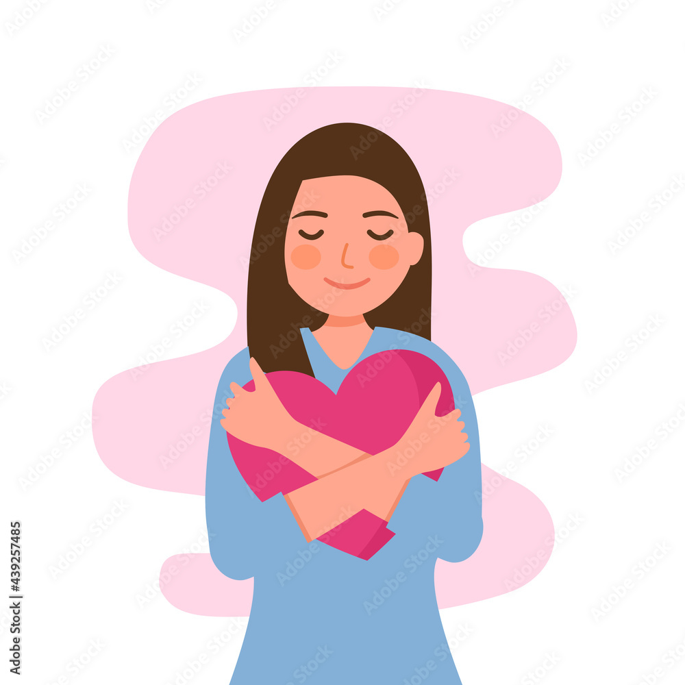Young lady hugging pink heart shape with smiling face in flat design on white background. Happiness woman. Young lady hugging pink heart shape with smiling face in flat design on white background. Happiness woman.