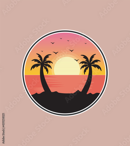 sunset view of a beach and twin coconut trees in silhouette style © fiqqiFaqiih
