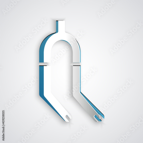 Paper cut Bicycle suspension fork icon isolated on grey background. Sport transportation spare part steering wheel. Paper art style. Vector