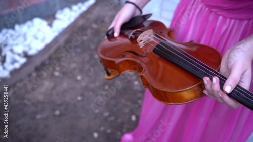 violino, mano prende violino, abito fucsia