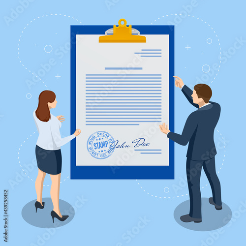 Isometric signed a contract with a stamp and with a signature. The form of the document. Business financial agreement or contract. Contract signing.