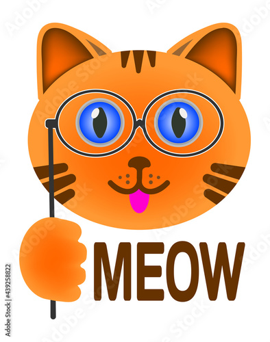 Cute bright ginger kitten with blue eyes in pince-nez and the word meow