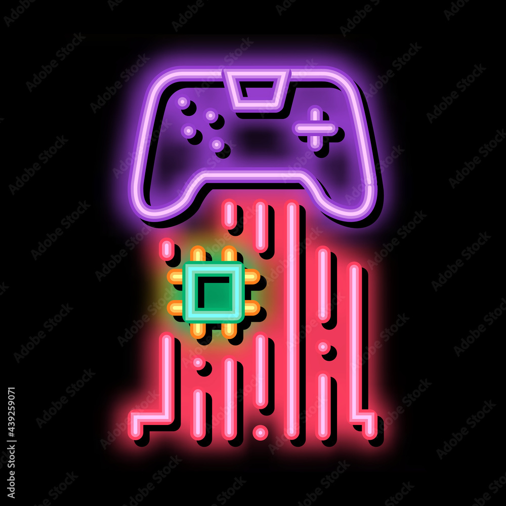 game controller chip neon light sign vector. Glowing bright icon game controller chip sign. transparent symbol illustration game controller chip neon light sign vector. Glowing bright icon game controller chip sign. transparent symbol illustration