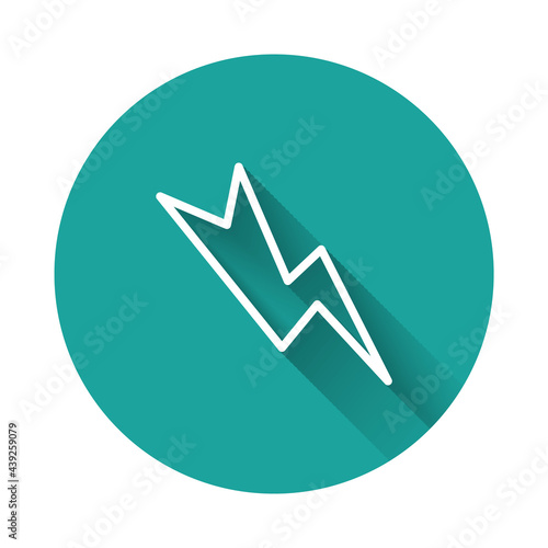 White line Lightning bolt icon isolated with long shadow. Flash sign. Charge flash icon. Thunder bolt. Lighting strike. Green circle button. Vector Illustration Free Download White line Lightning bolt icon isolated with long shadow. Flash sign. Charge flash icon. Thunder bolt. Lighting strike. Green circle button. Vector Illustration - GFXLoad
