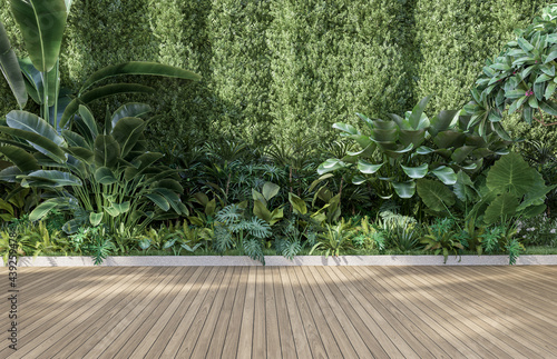 Billede på lærred Empty wooden terrace with green wall 3d render,There are wood plank floor with t