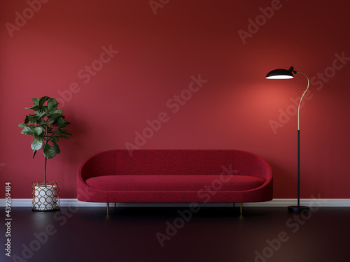 Fototapeta Naklejka Na Ścianę i Meble -  Minimal style sofa in empty red wall room 3d render,There are black floor decorate with luxury black and gold lamp