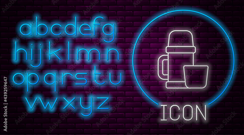 Glowing neon line Thermos container and cup icon isolated on brick wall background. Thermo flask icon. Camping and hiking equipment. Neon light alphabet. Vector Illustration Glowing neon line Thermos container and cup icon isolated on brick wall background. Thermo flask icon. Camping and hiking equipment. Neon light alphabet. Vector Illustration