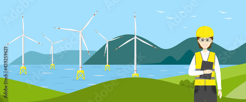 Offshore wind farm and an engineer. Banner.