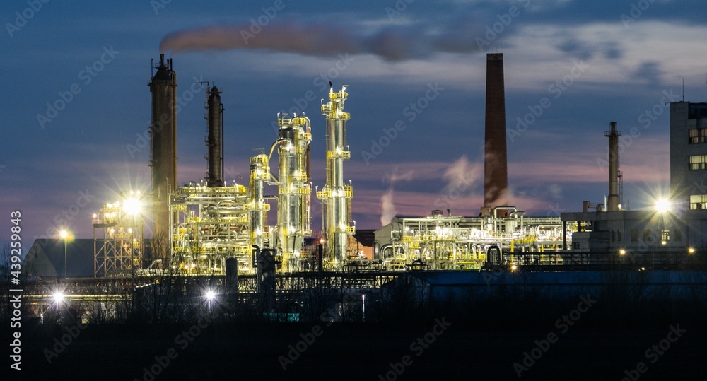 Oil Industry at night, Petrechemical plant -  Refinery