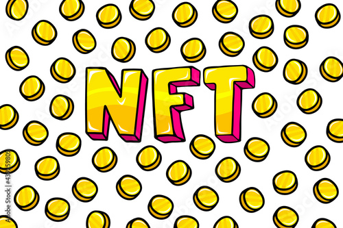 Concept of non fungible token. Hand holding a phone with Text NFT. Pay for unique collectibles in games or art.