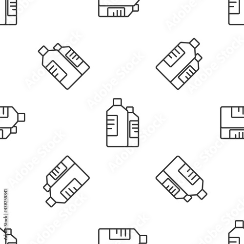 Grey line Plastic bottles for laundry detergent, bleach, dishwashing liquid or another cleaning agent icon isolated seamless pattern on white background. Vector Illustration © vector_v