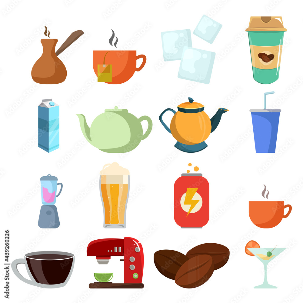 drinks vector clip art set with beer, coffee, milk box, soda, energy drink, cup of coffee, kettle, tea