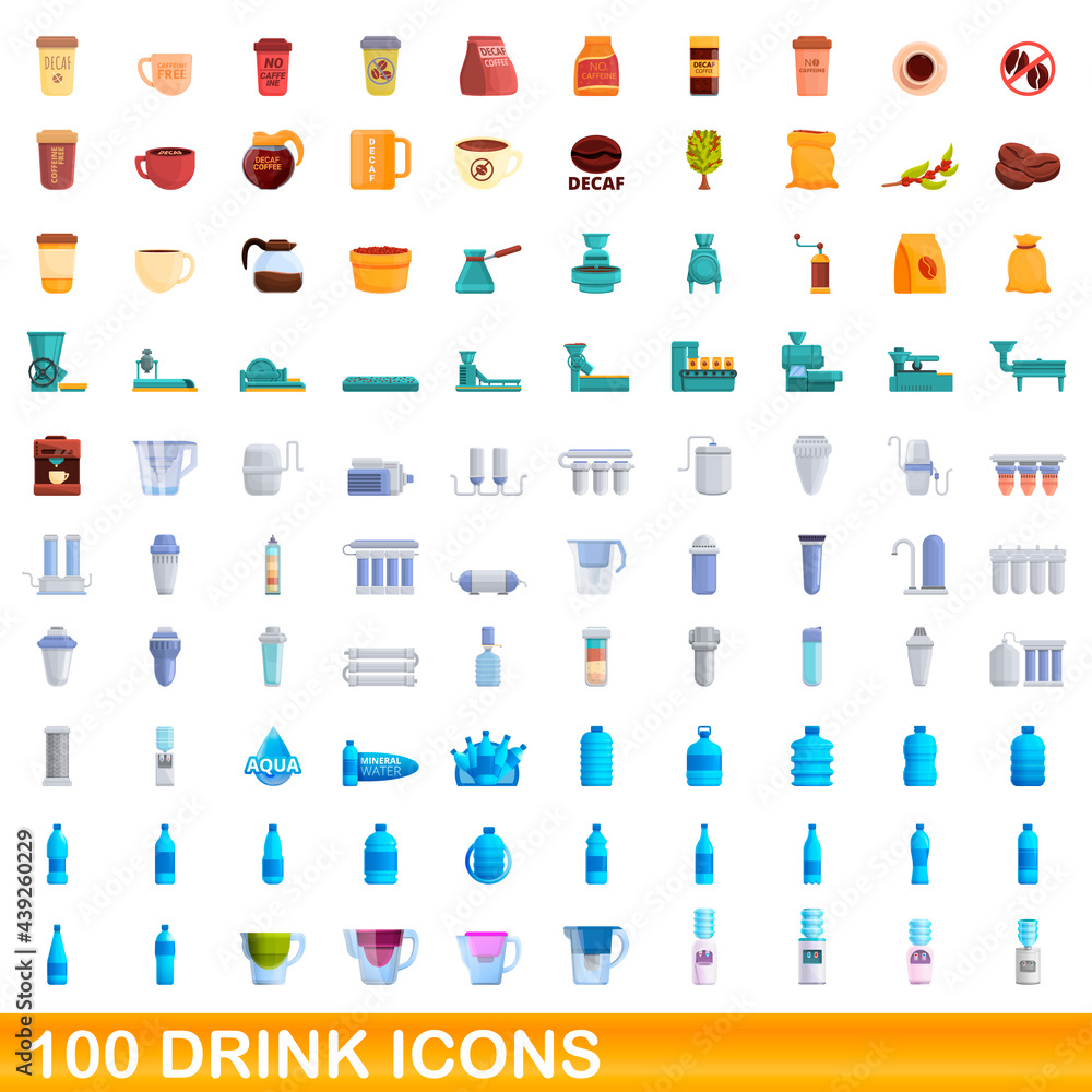 100 drink icons set. Cartoon illustration of 100 drink icons vector set isolated on white background 100 drink icons set. Cartoon illustration of 100 drink icons vector set isolated on white background